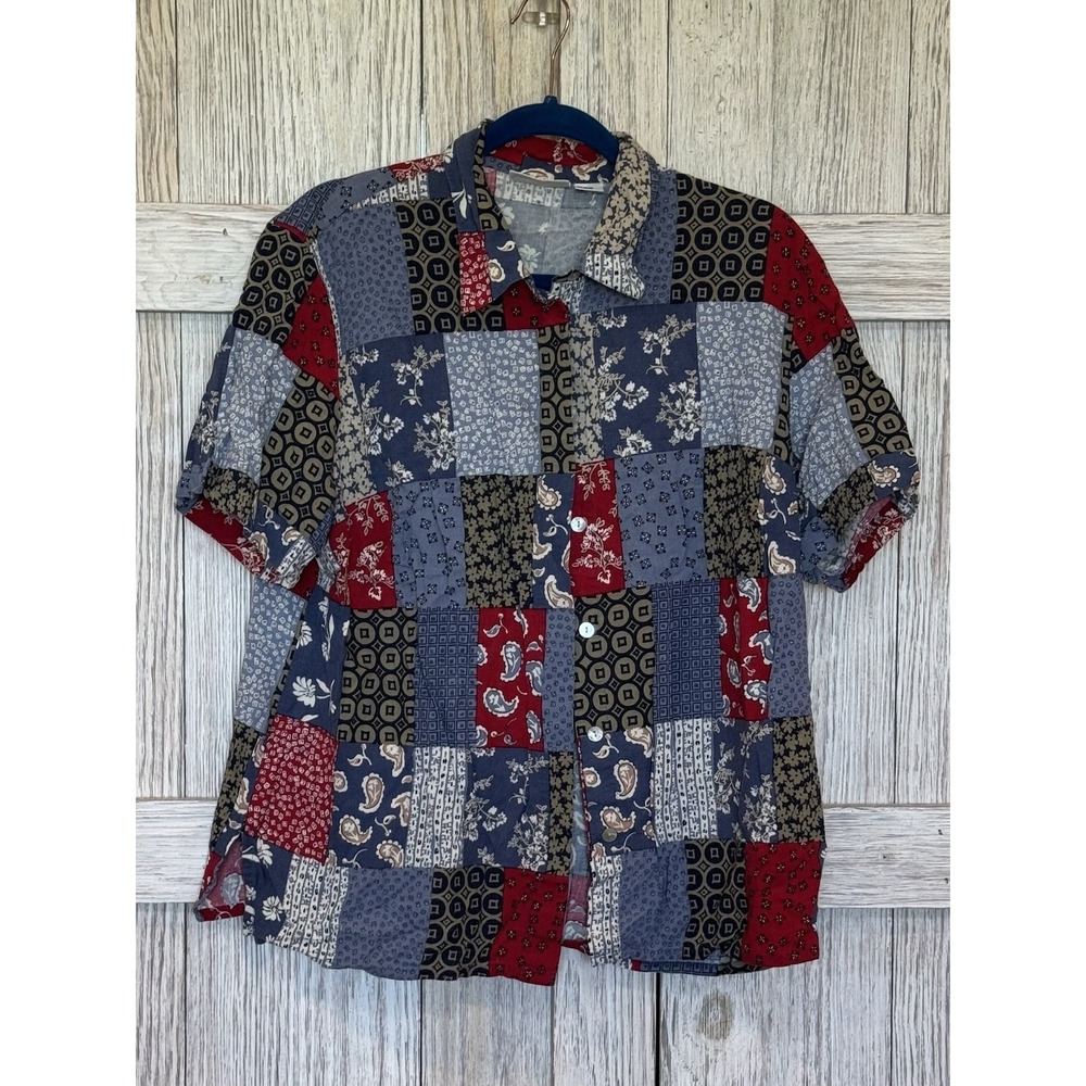Alfred Dunner Shirt Women's Size 16w Multicolor Patchwork Short Sleeve Button Up